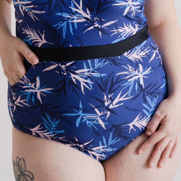 NWT Full Coverage One Piece Swimsuit Blue Palm Print Pockets - Picture 12 of 16